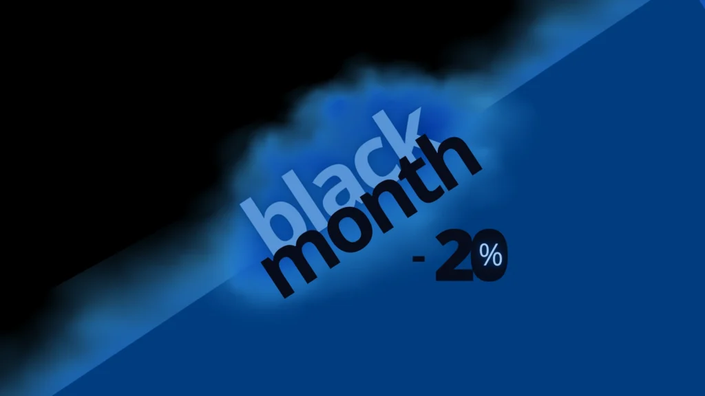 Nell'immagine c'è la scritta black month 20% off in azzurro e nero su sfondo blu e nero per mostrare lo sconto dell'offerta hotel